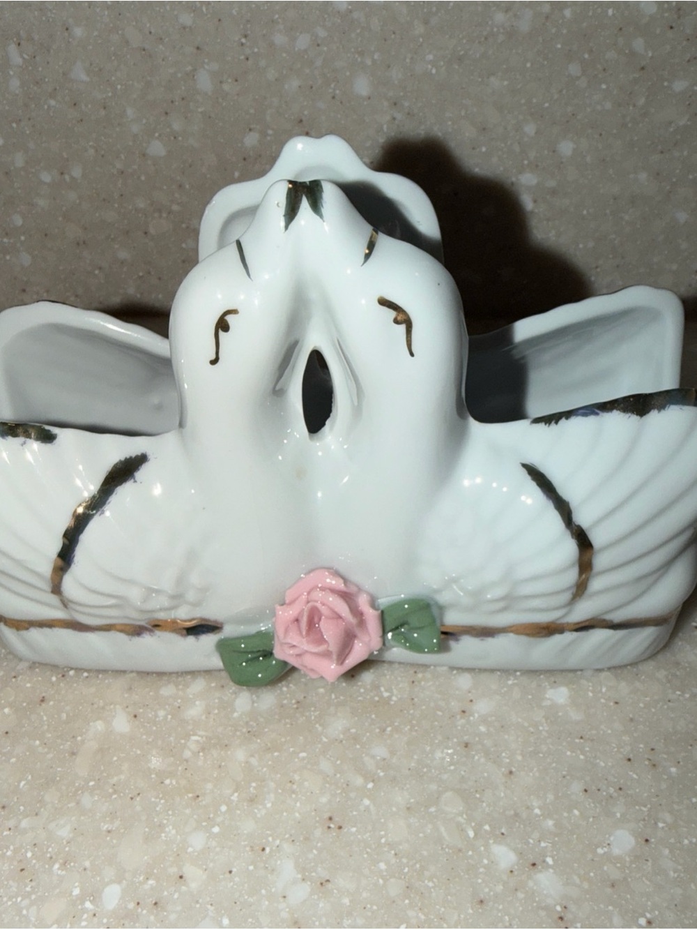 White Ceramic swan Figurine with Pink Rose - napkin holder Accent